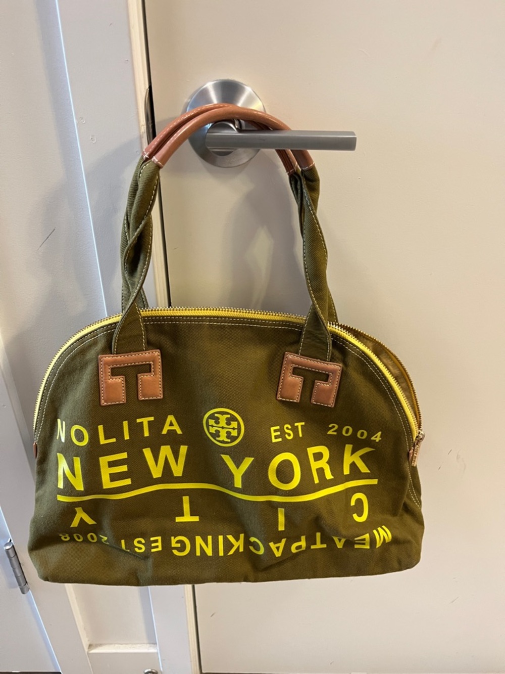 Tory Burch Olive Canvas Tote with Yellow Logo Print and Brown Trim